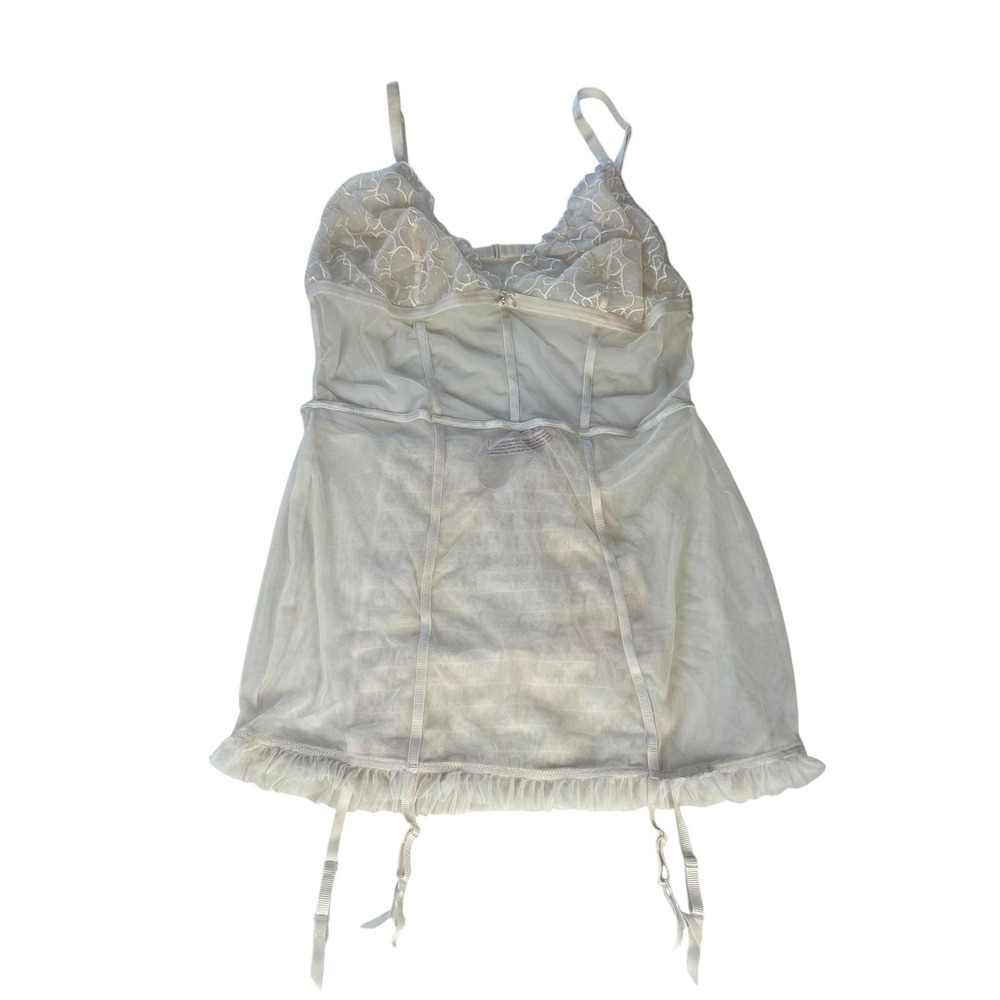 Victoria's Secret White Heart Mesh Ruffle Babydoll Garter Slip XL NWT 246012